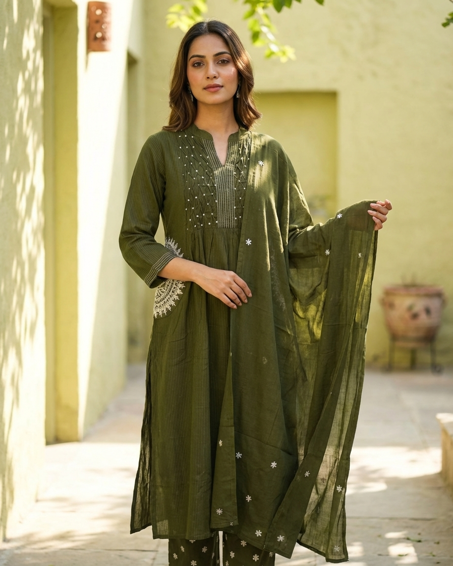 Mehendi Green Pure Cotton A-Line Kurta Set | Patch Embroidery | Straight Palazzo | Mul Dupatta | M'Foks