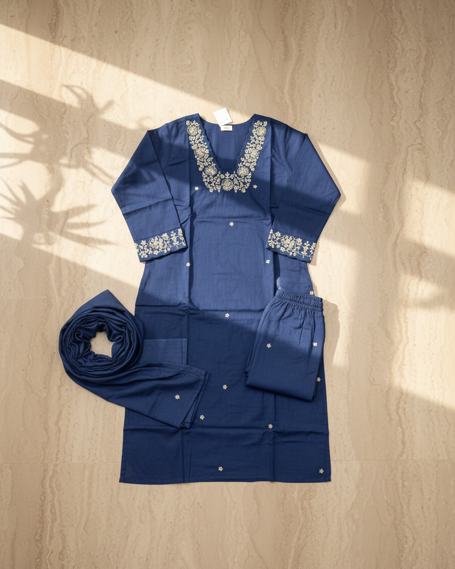 Indigo Cotton Embroidered Kurta Set | 3-Piece | M'Foks
