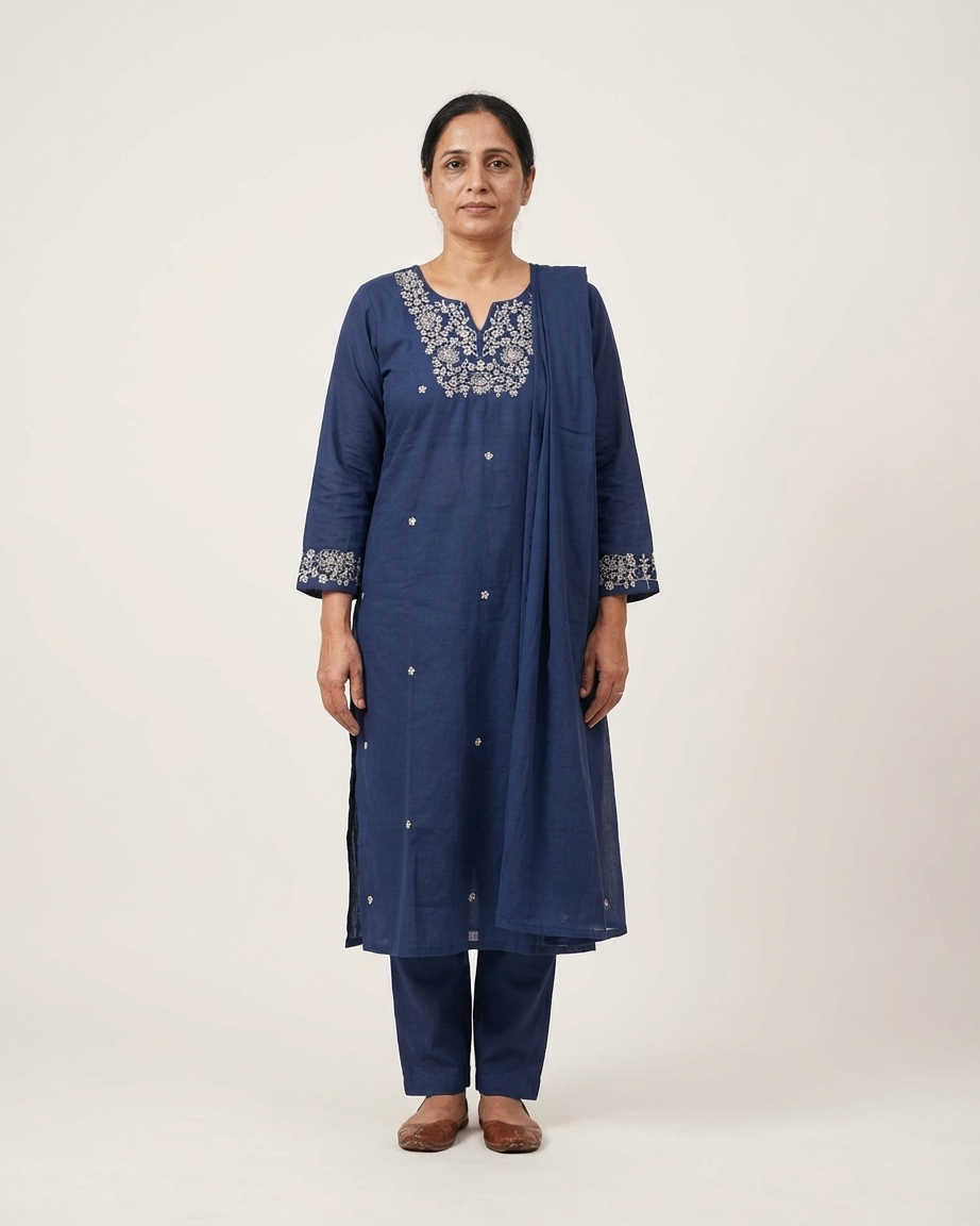 Indigo Cotton Embroidered Kurta Set | 3-Piece | M'Foks