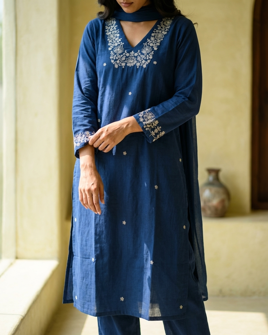 Indigo Cotton Embroidered Kurta Set | 3-Piece | M'Foks