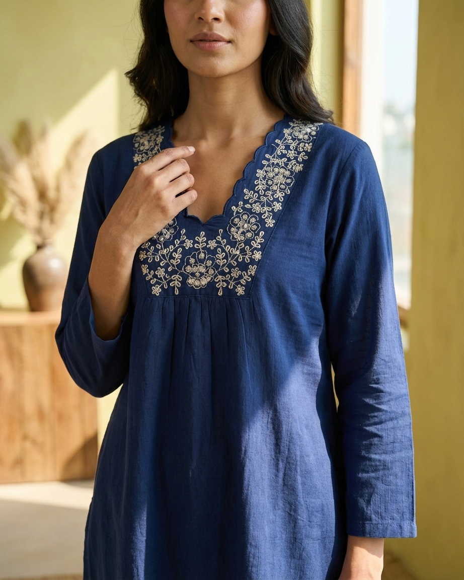 Indigo Cotton Embroidered Kurta Set | 3-Piece | M'Foks