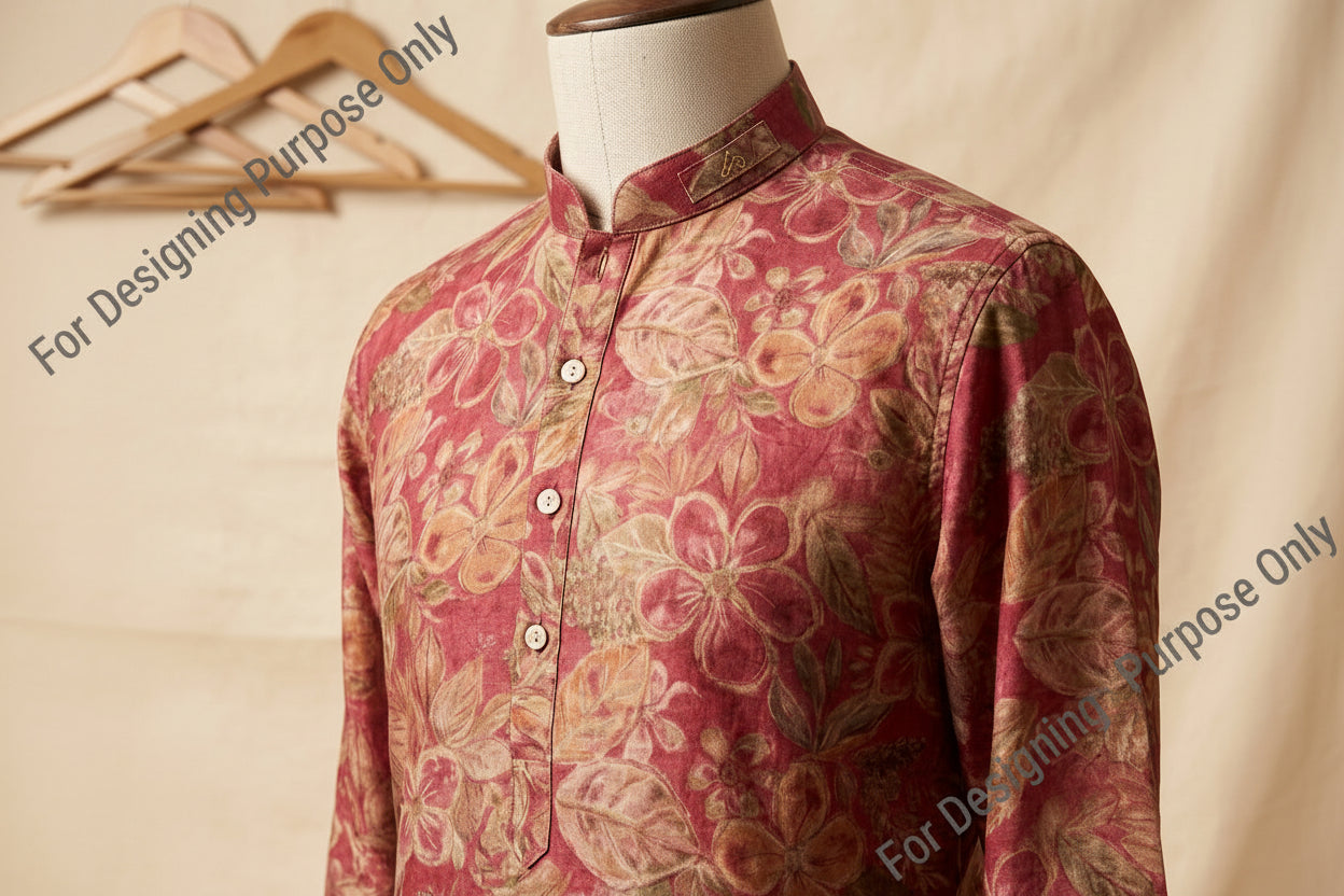 Floral patterned shirt on a mannequin against a neutral background