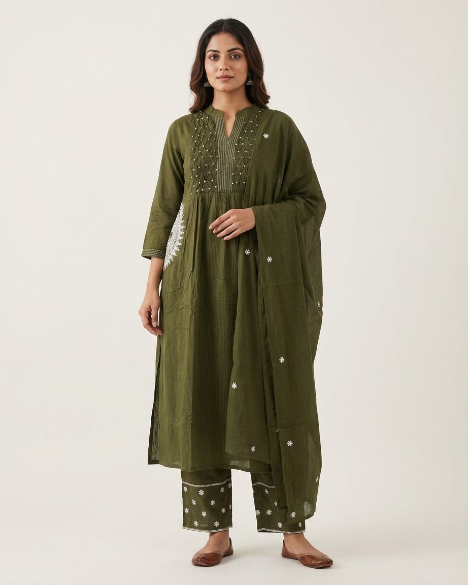 Mehendi Green Pure Cotton A-Line Kurta Set | Patch Embroidery | Straight Palazzo | Mul Dupatta | M'Foks