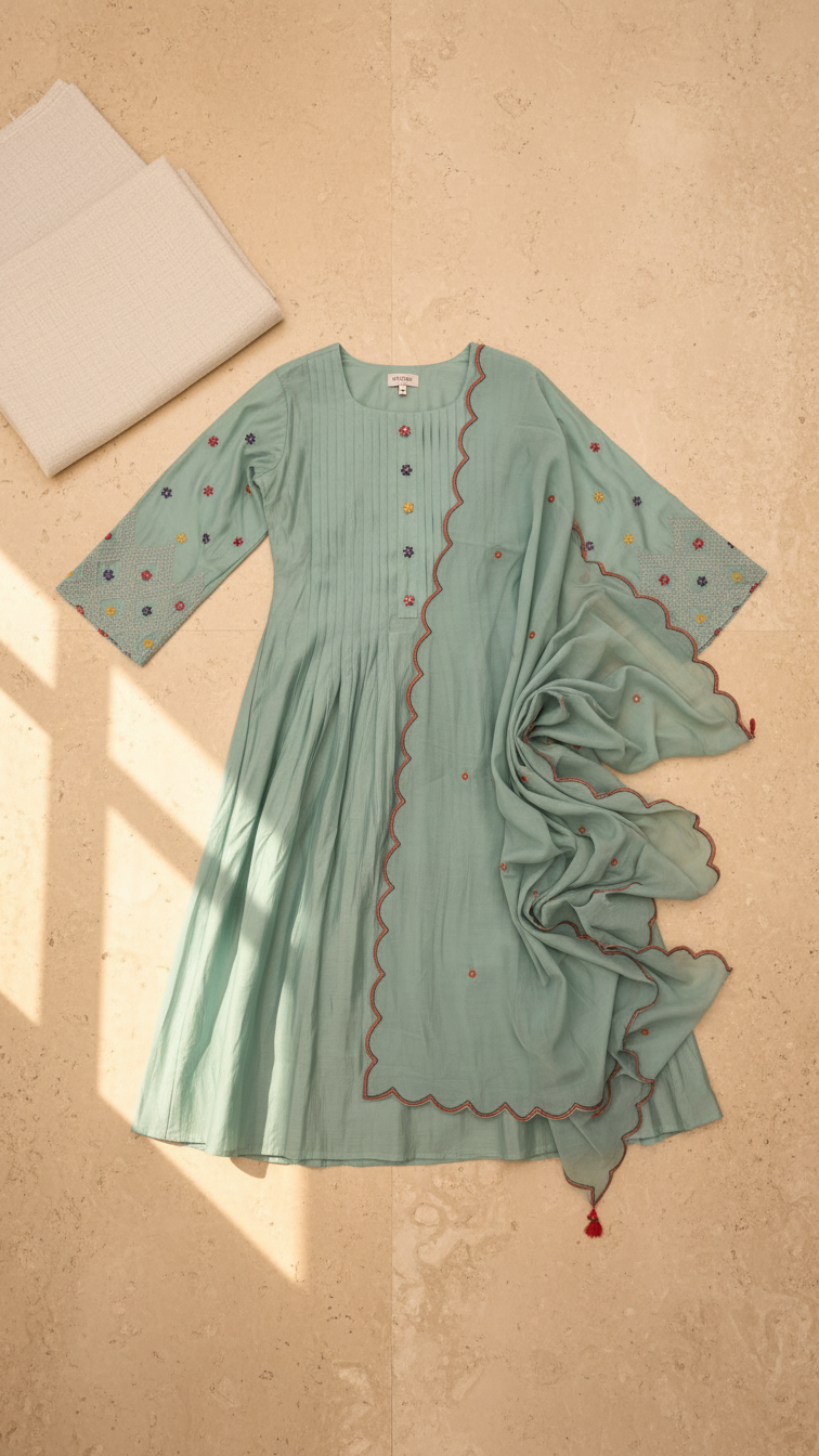 Mint Mal Chanderi A-Line Suit Set | 3-Piece | M'Foks