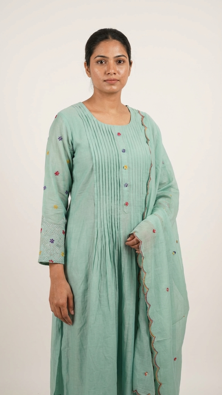 Mint Mal Chanderi A-Line Suit Set | 3-Piece | M'Foks