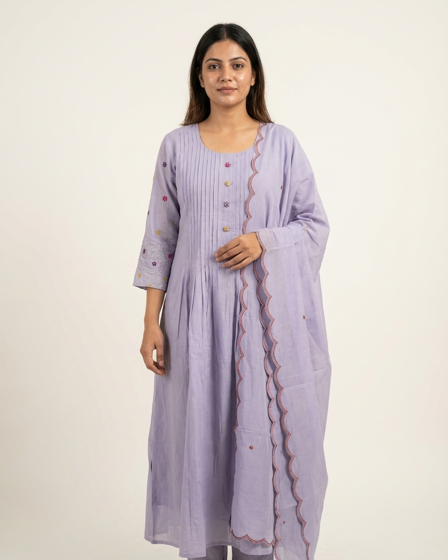 Lavender Mal Chanderi A-Line Suit Set | 3-Piece | With Pockets | M'Foks