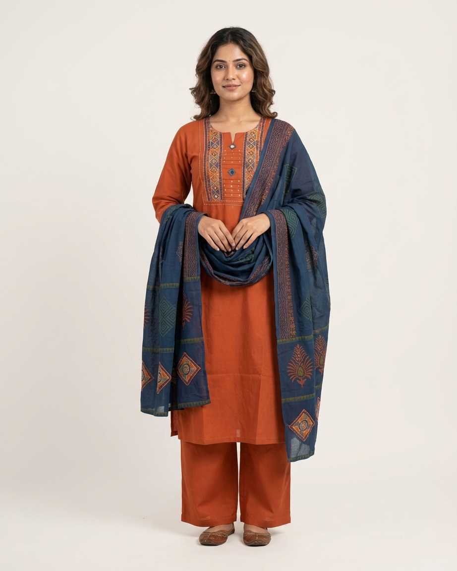 Woman wearing a traditional outfit with an orange kurta, pants, and a blue dupatta on a white background