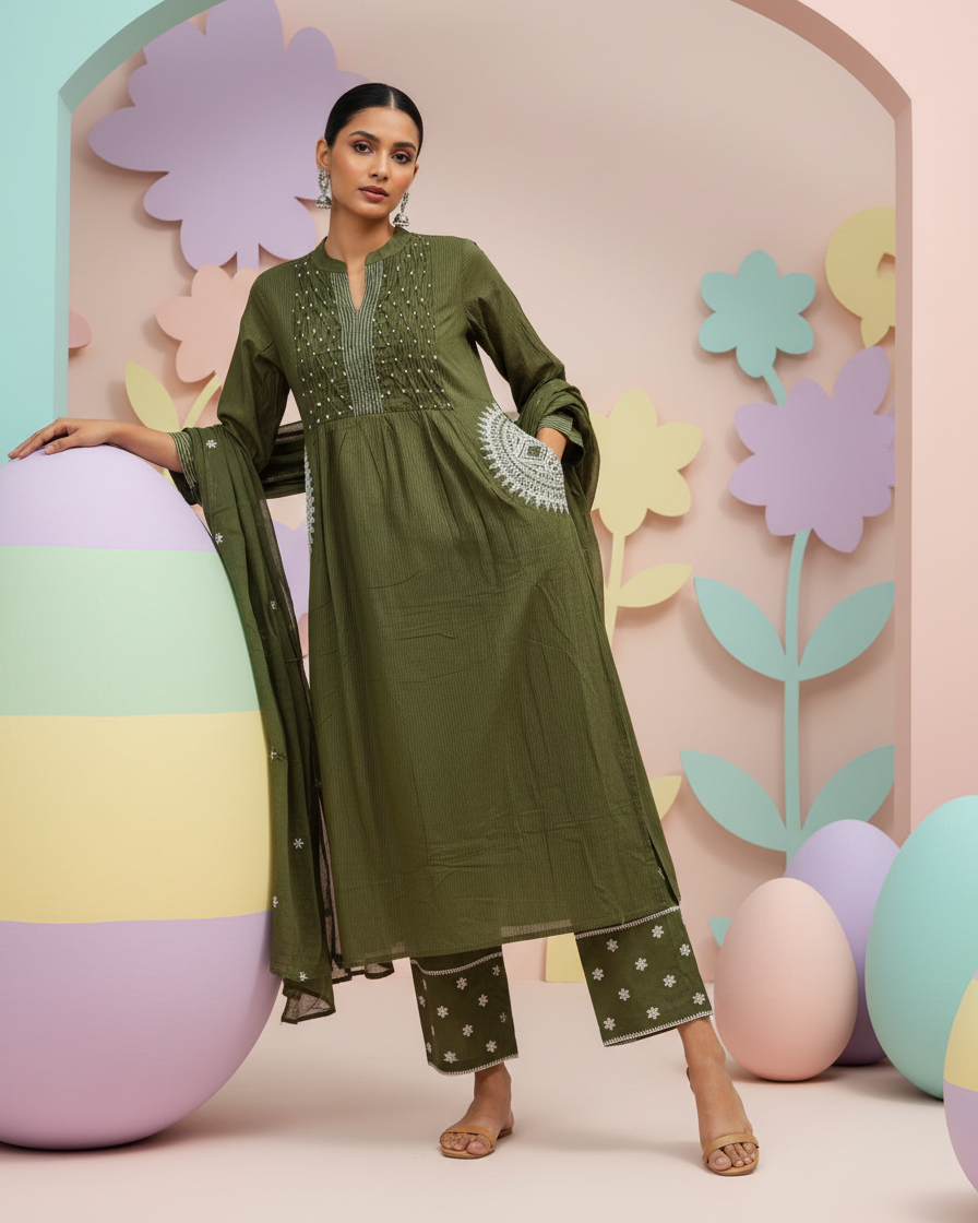 Mehendi Green Pure Cotton A-Line Kurta Set | Patch Embroidery | Straight Palazzo | Mul Dupatta | M'Foks