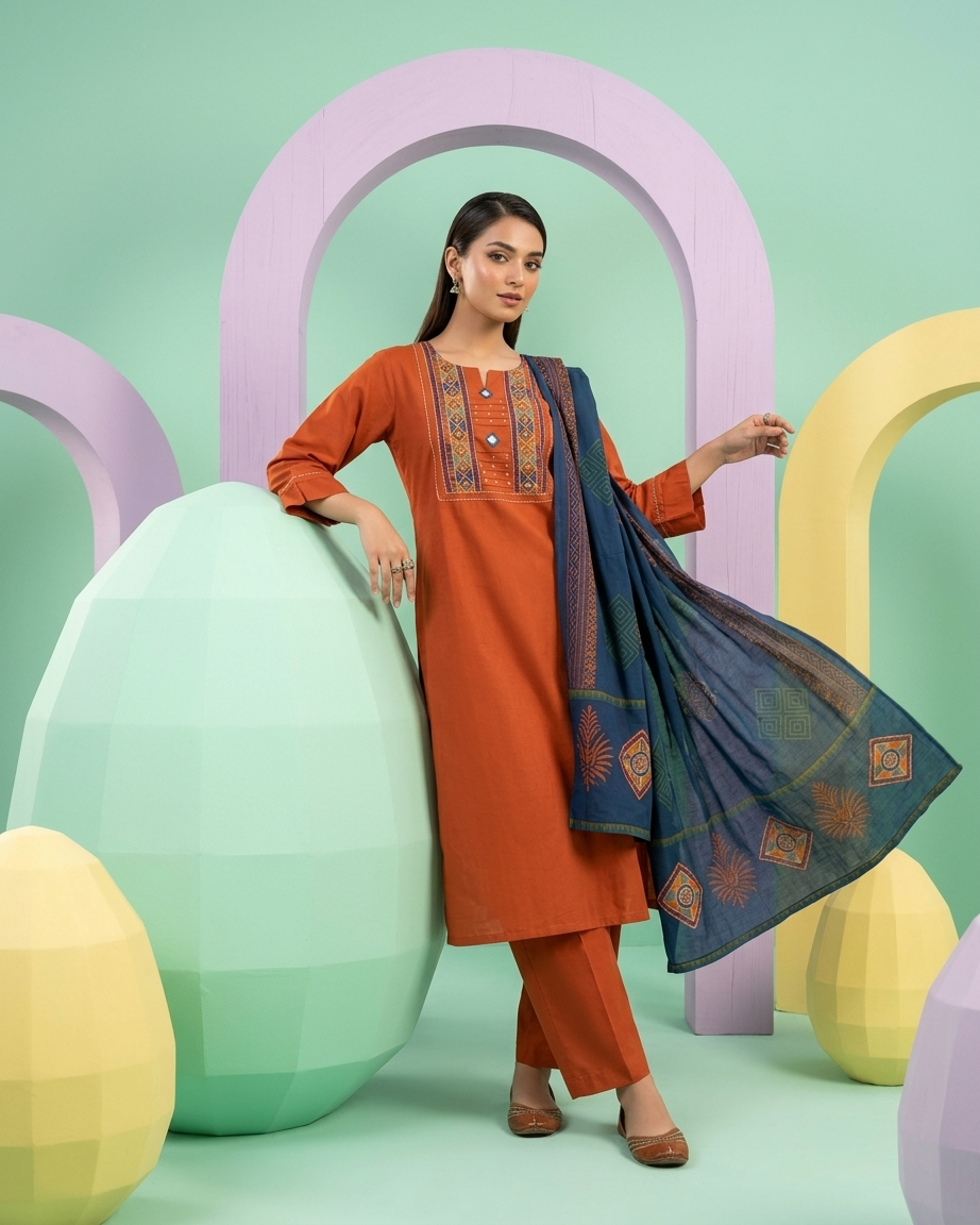 Burnt Orange Cotton Straight Suit Set | Navy Mal Cotton Dupatta | M'Foks