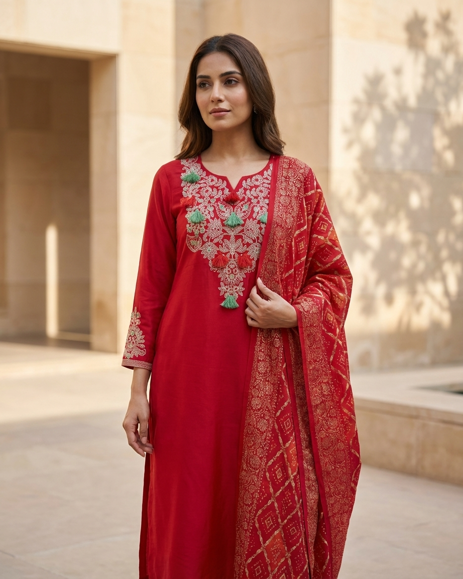 Red Muslin Silk Straight Suit Set | Floral Embroidery | Tassels | M'Foks
