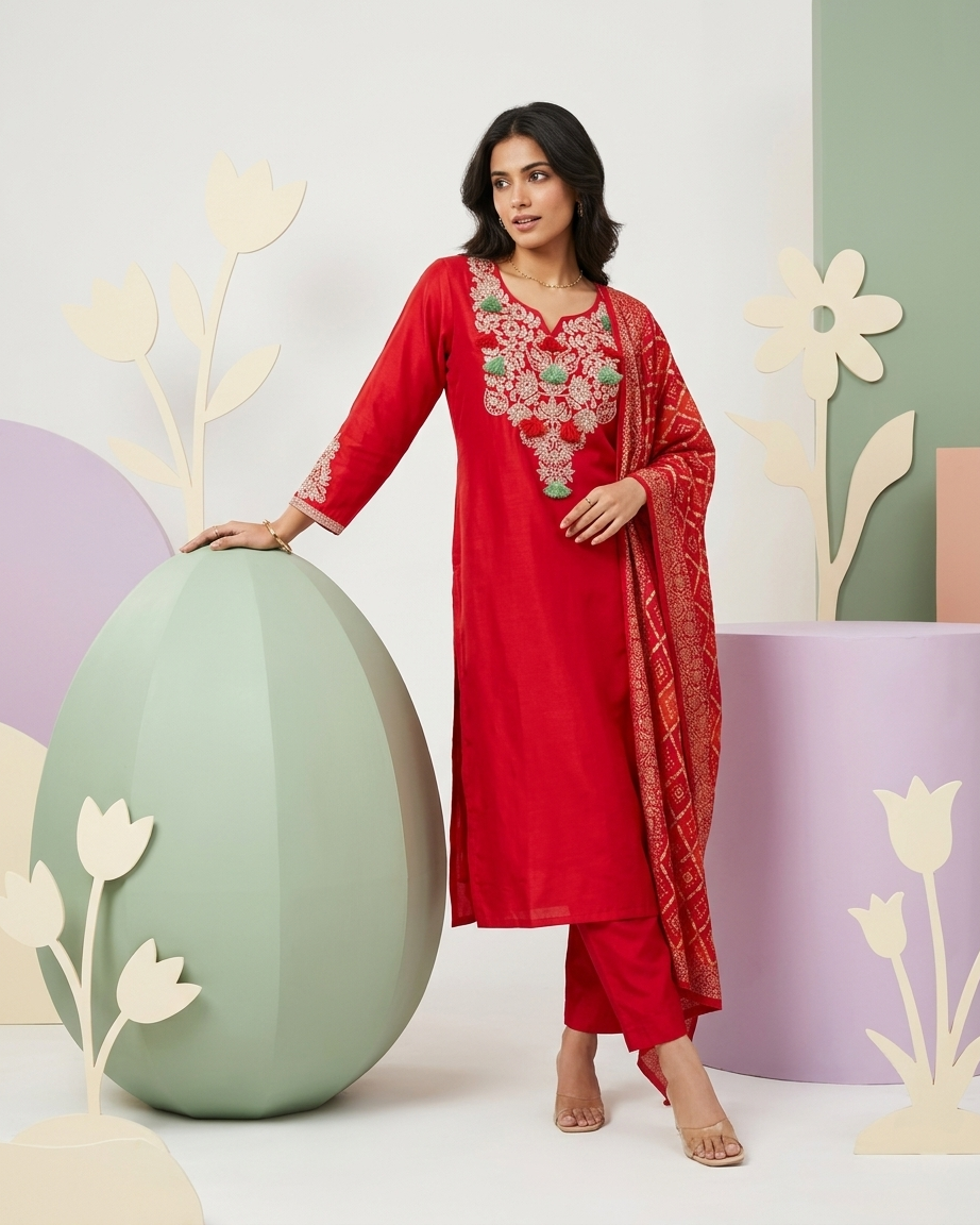 Red Muslin Silk Straight Suit Set | Floral Embroidery | Tassels | M'Foks