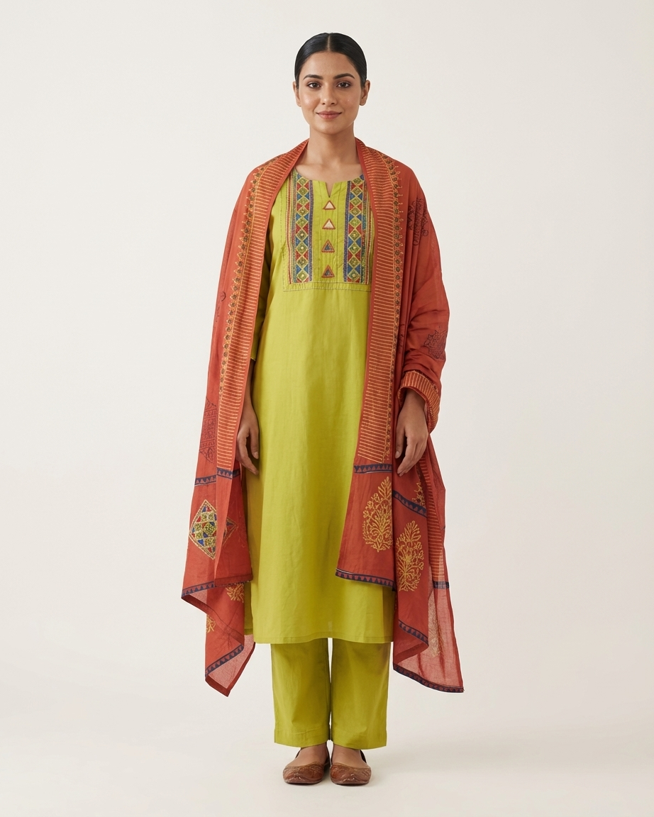 Chartreuse Cotton Suit Set | Terracotta Dupatta | M'Foks