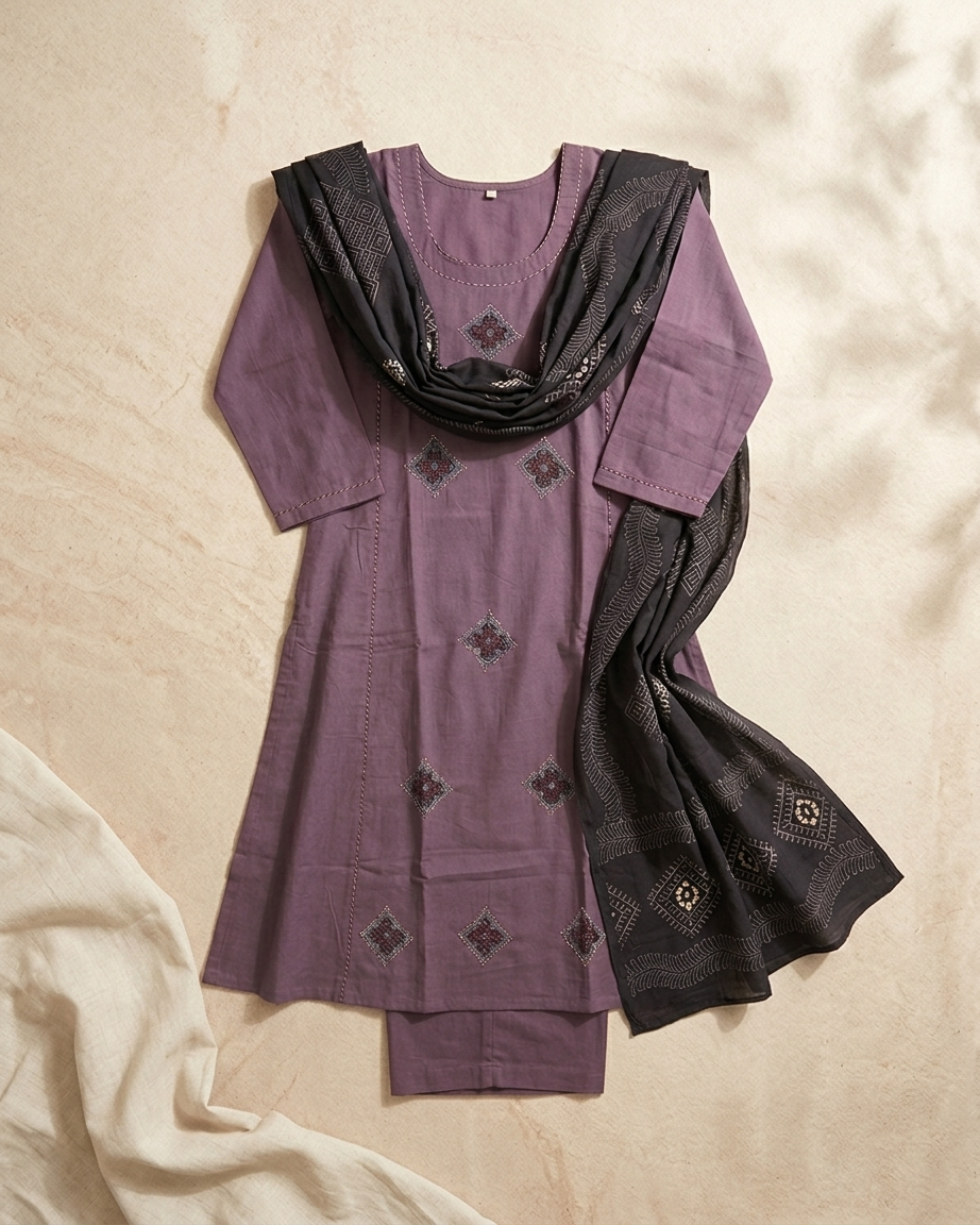 Dusty Mauve A-Line Cotton Suit Set | Black Block Print Dupatta | M'Foks