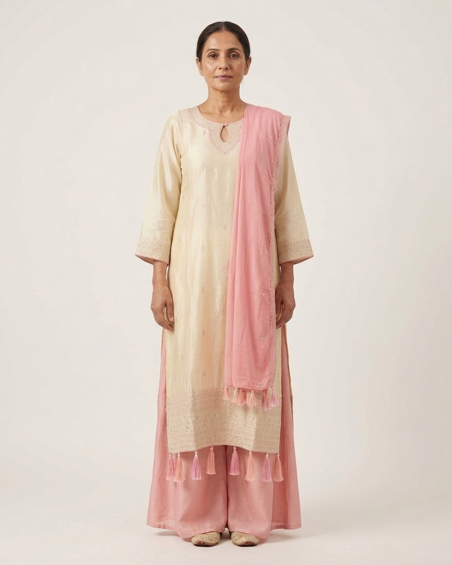 Ivory Tissue Kurta Set | Peach Pink Contrast Palazzo & Dupatta | Pakistanti Style | Zari Border | M'Foks