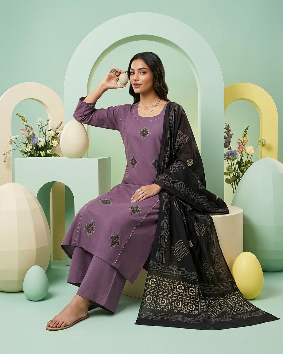 Dusty Mauve A-Line Cotton Suit Set | Black Block Print Dupatta | M'Foks