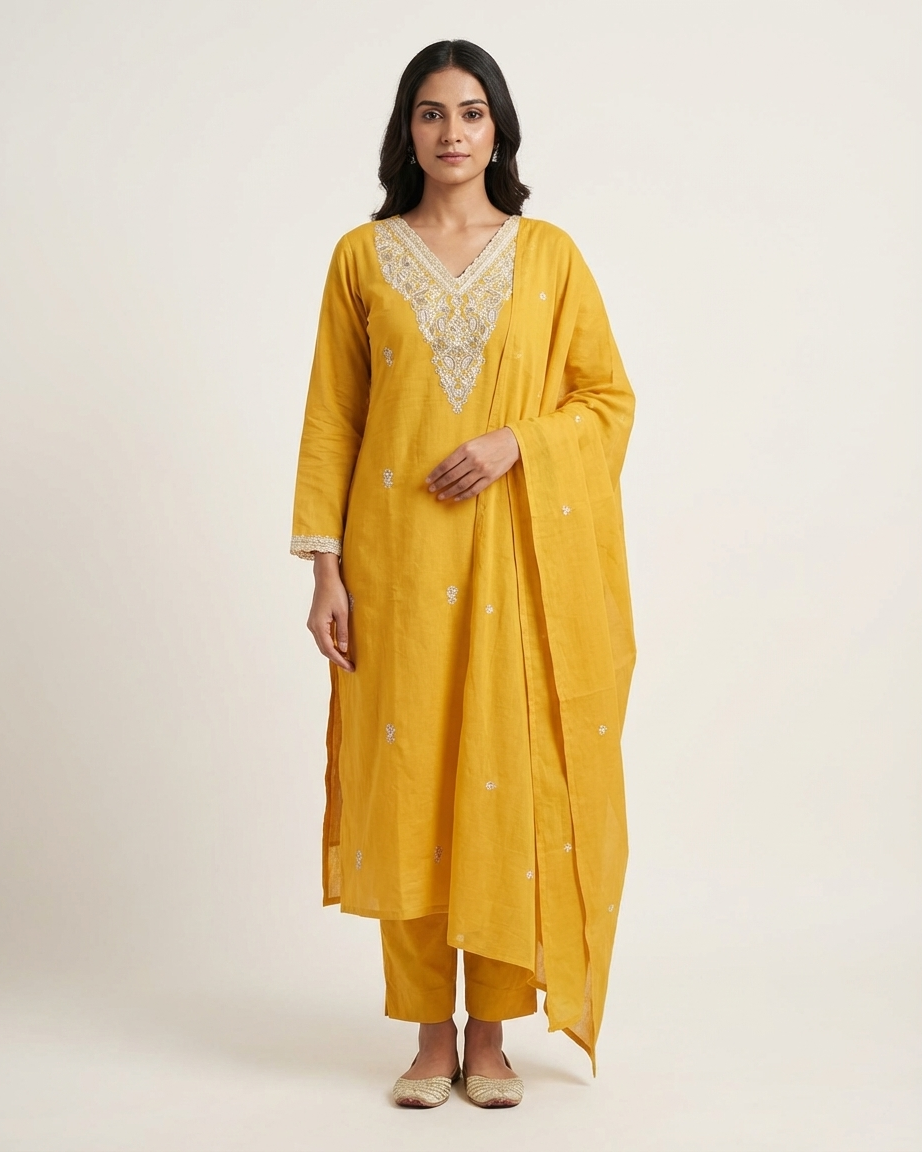 Mustard Pure Cotton Straight Suit Set | Floral Embroidery | Tonal | M'Foks