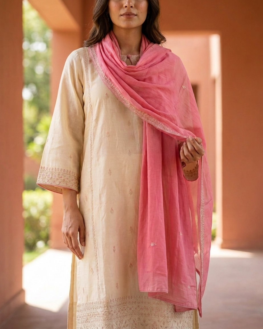 Ivory Tissue Kurta Set | Peach Pink Contrast Palazzo & Dupatta | Pakistanti Style | Zari Border | M'Foks
