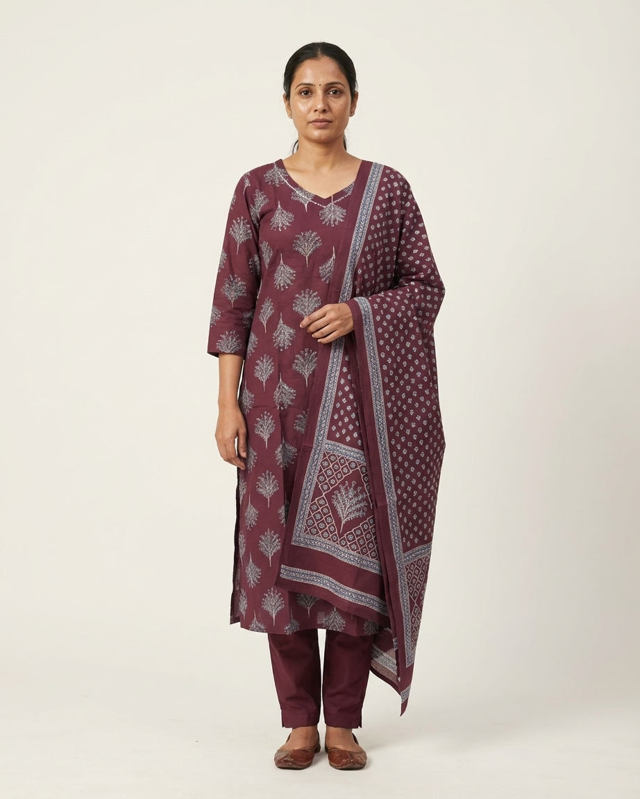 Wine Cotton Block Print Straight Suit Set | Botanical Print | Ajrakh Dupatta | M'Foks
