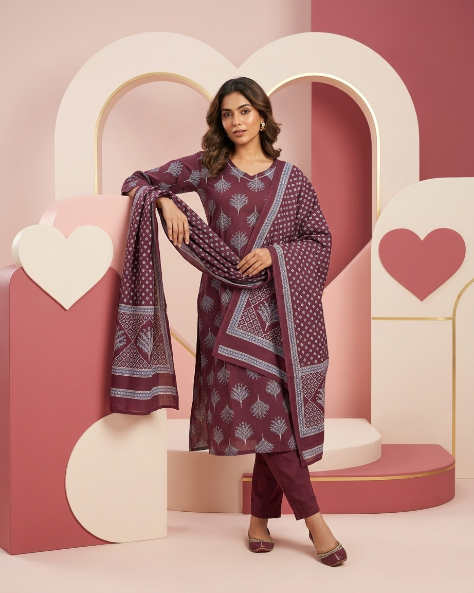 Wine Cotton Block Print Straight Suit Set | Botanical Print | Ajrakh Dupatta | M'Foks