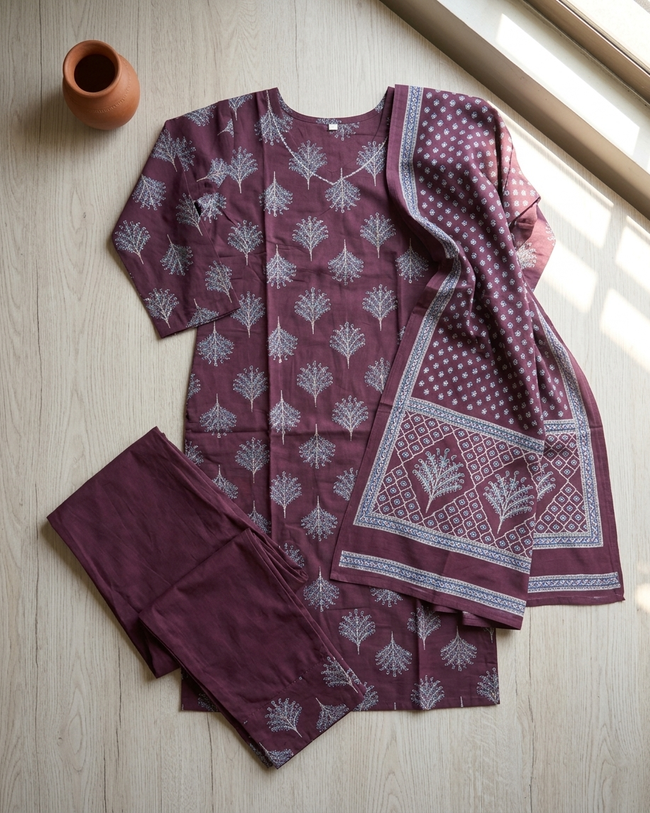 Wine Cotton Block Print Straight Suit Set | Botanical Print | Ajrakh Dupatta | M'Foks