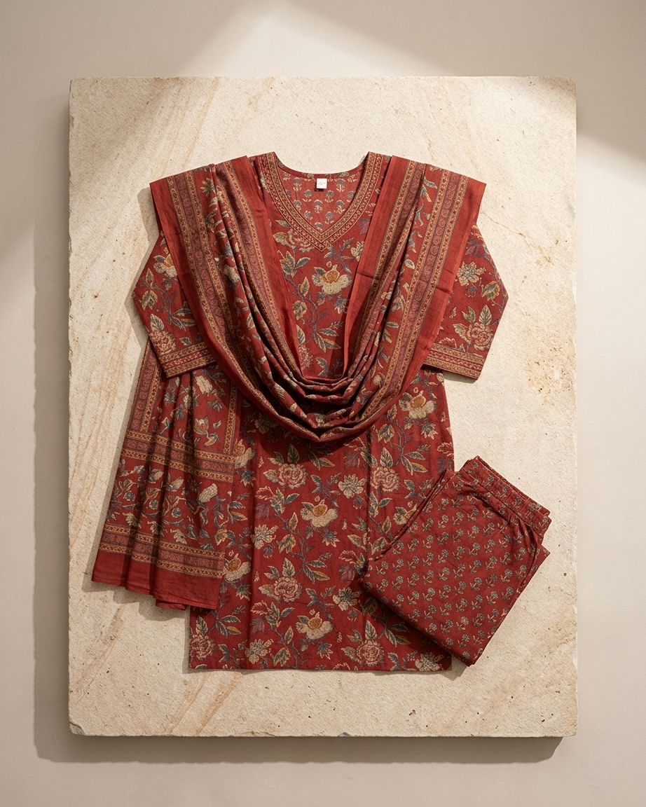 Rust Orange Cotton Floral Print Suit Set | Jaipur Print | M'Foks