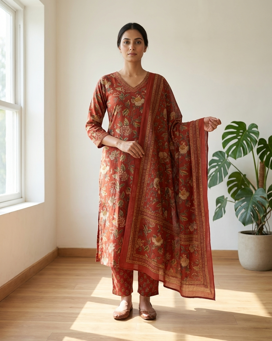 Rust Orange Cotton Floral Print Suit Set | Jaipur Print | M'Foks