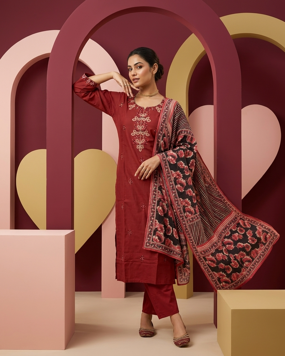 Brick Red Cotton Embroidered Suit Set | Black Floral Dupatta | M'Foks