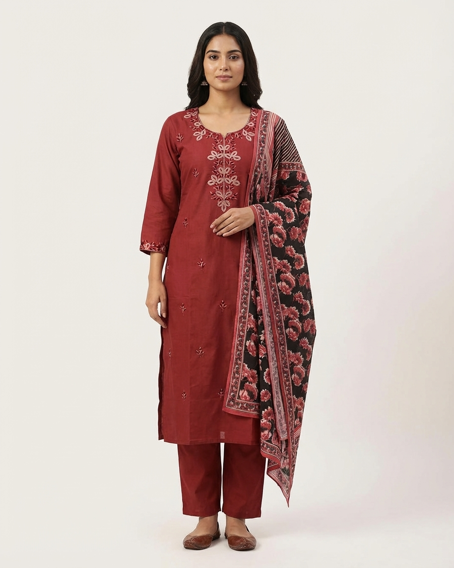 Brick Red Cotton Embroidered Suit Set | Black Floral Dupatta | M'Foks