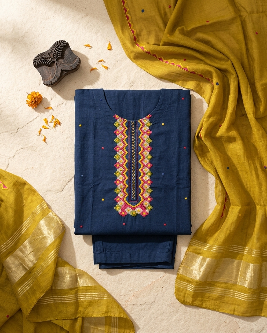 Navy Cotton Embroidered Suit Set | Mustard Chanderi Silk Dupatta | M'Foks