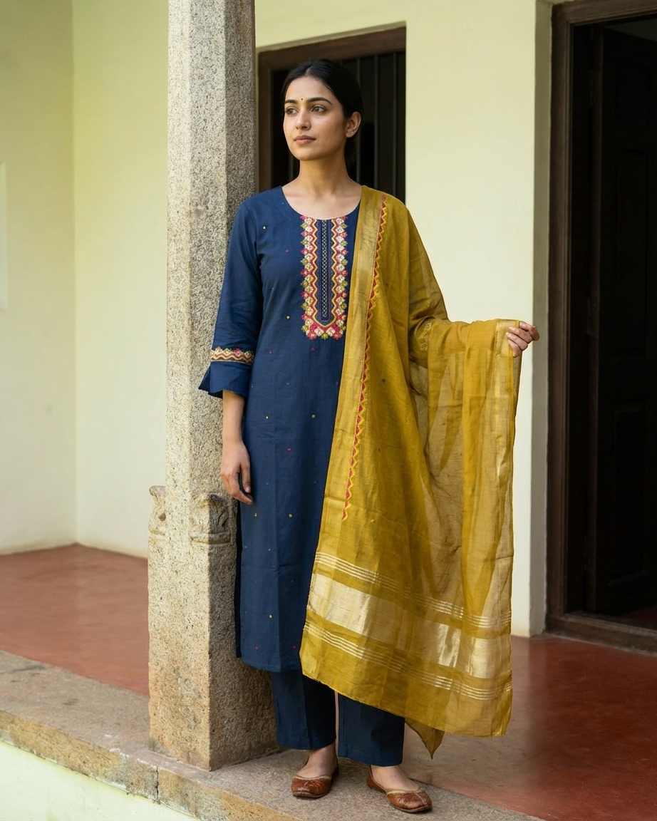 Navy Cotton Embroidered Suit Set | Mustard Chanderi Silk Dupatta | M'Foks