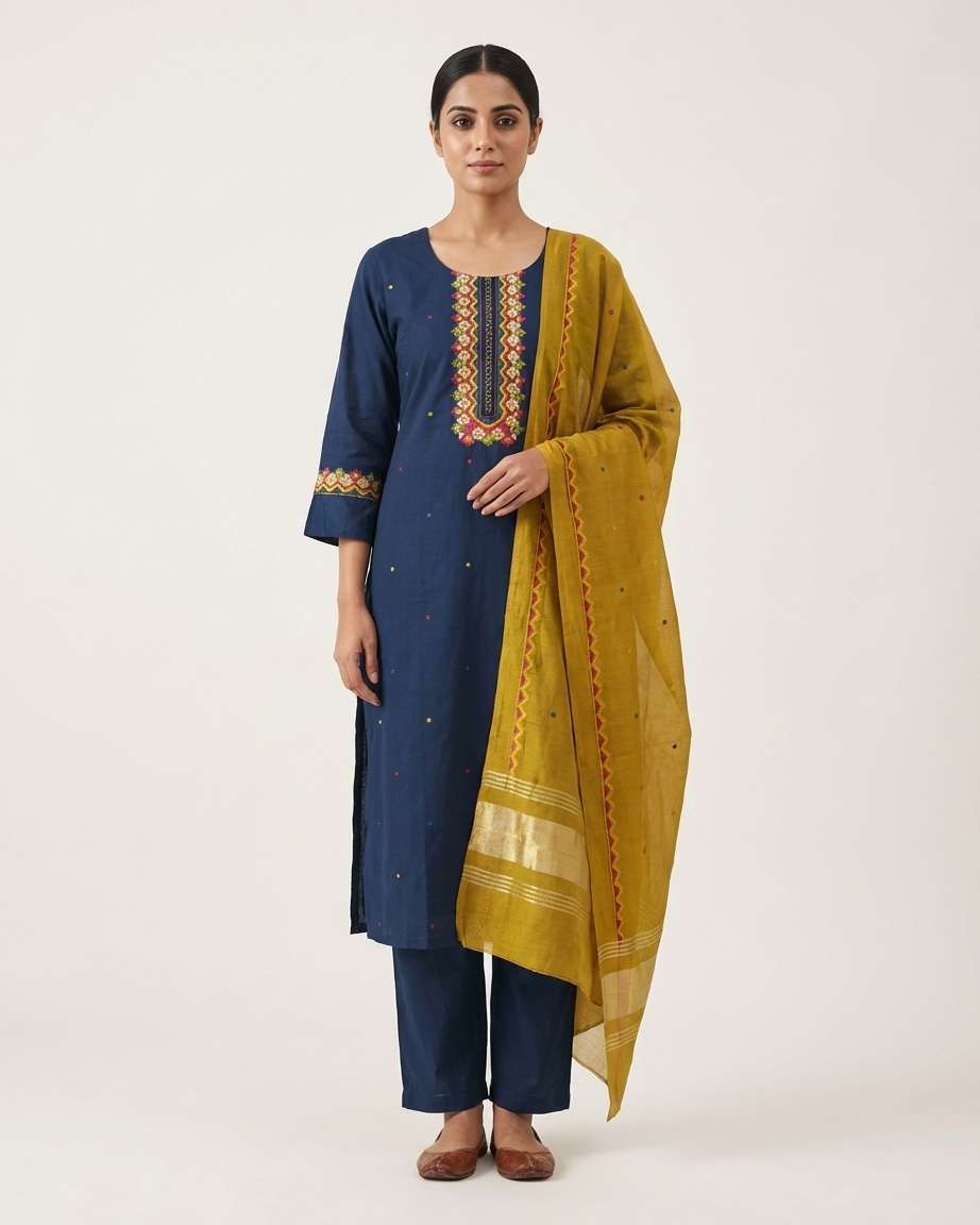 Navy Cotton Embroidered Suit Set | Mustard Chanderi Silk Dupatta | M'Foks
