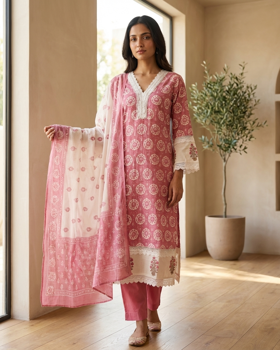 Dusty Rose Cotton Medallion Print Suit Set | Crochet Lace Trim | M'Foks
