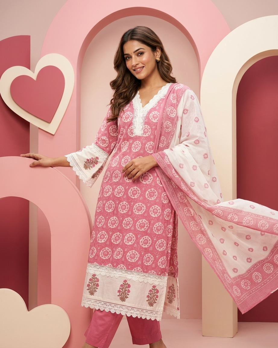 Dusty Rose Cotton Medallion Print Suit Set | Crochet Lace Trim | M'Foks