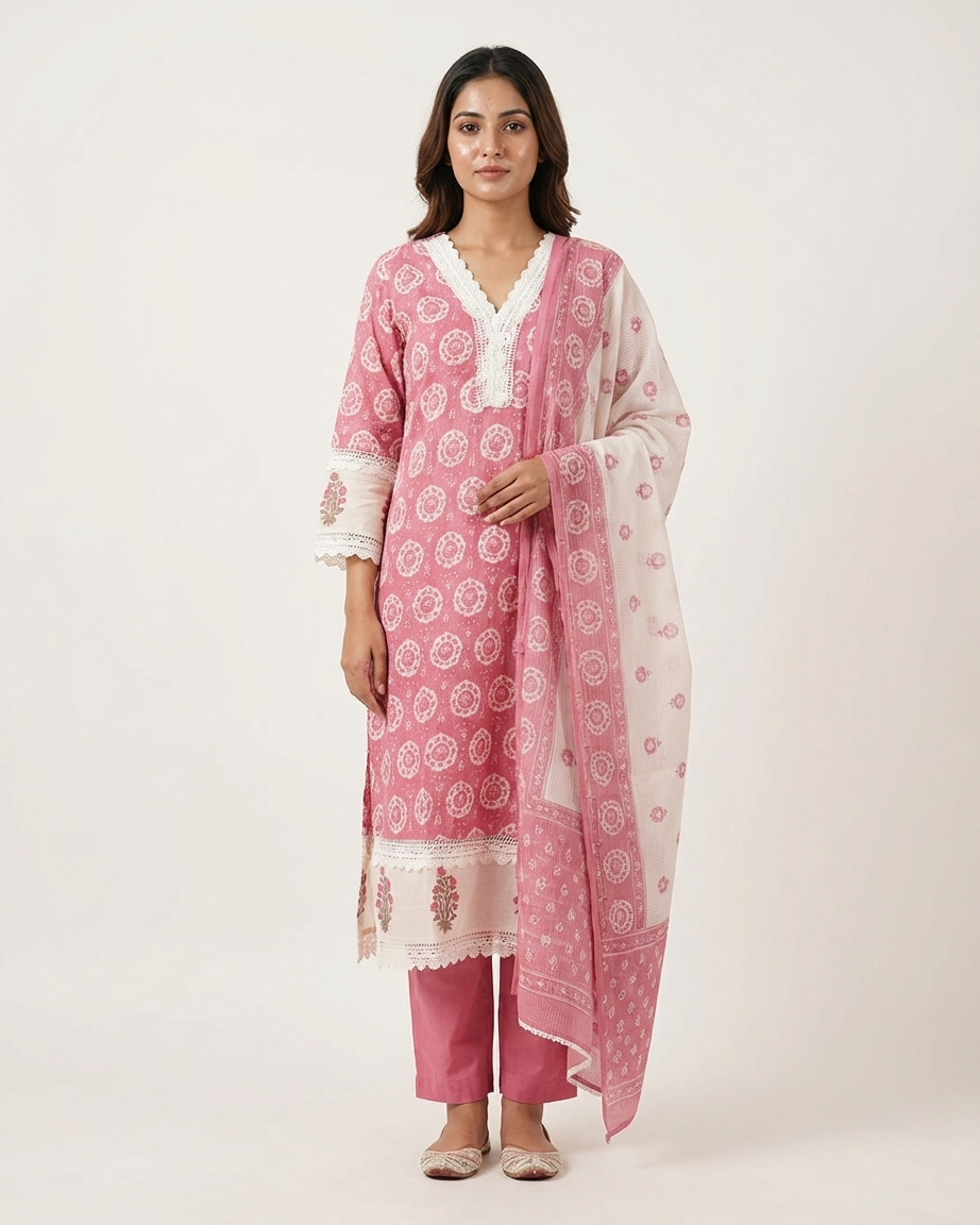 Dusty Rose Cotton Medallion Print Suit Set | Crochet Lace Trim | M'Foks