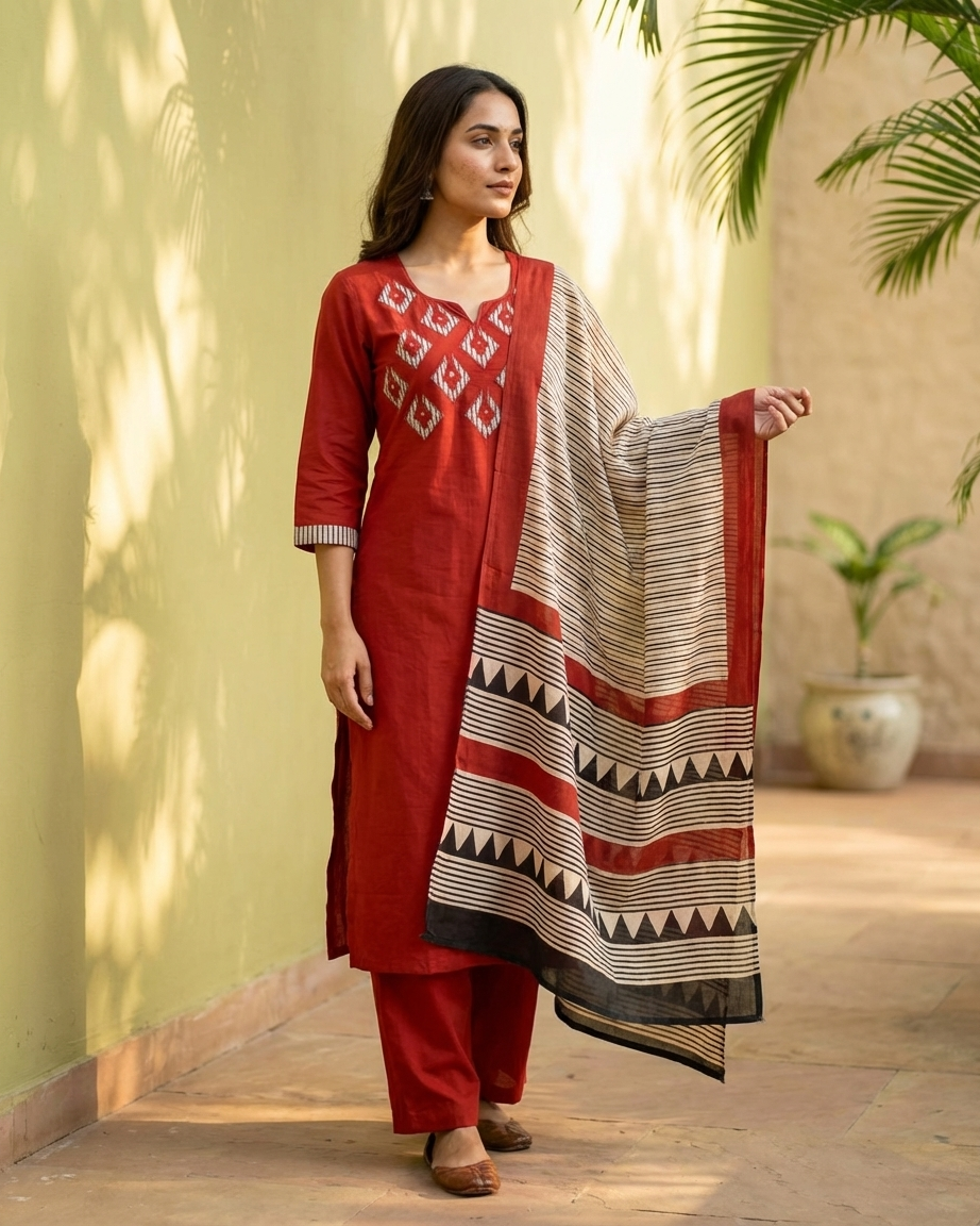 Rust Orange Cotton Geometric Suit Set | Tribal Print Dupatta | M'Foks