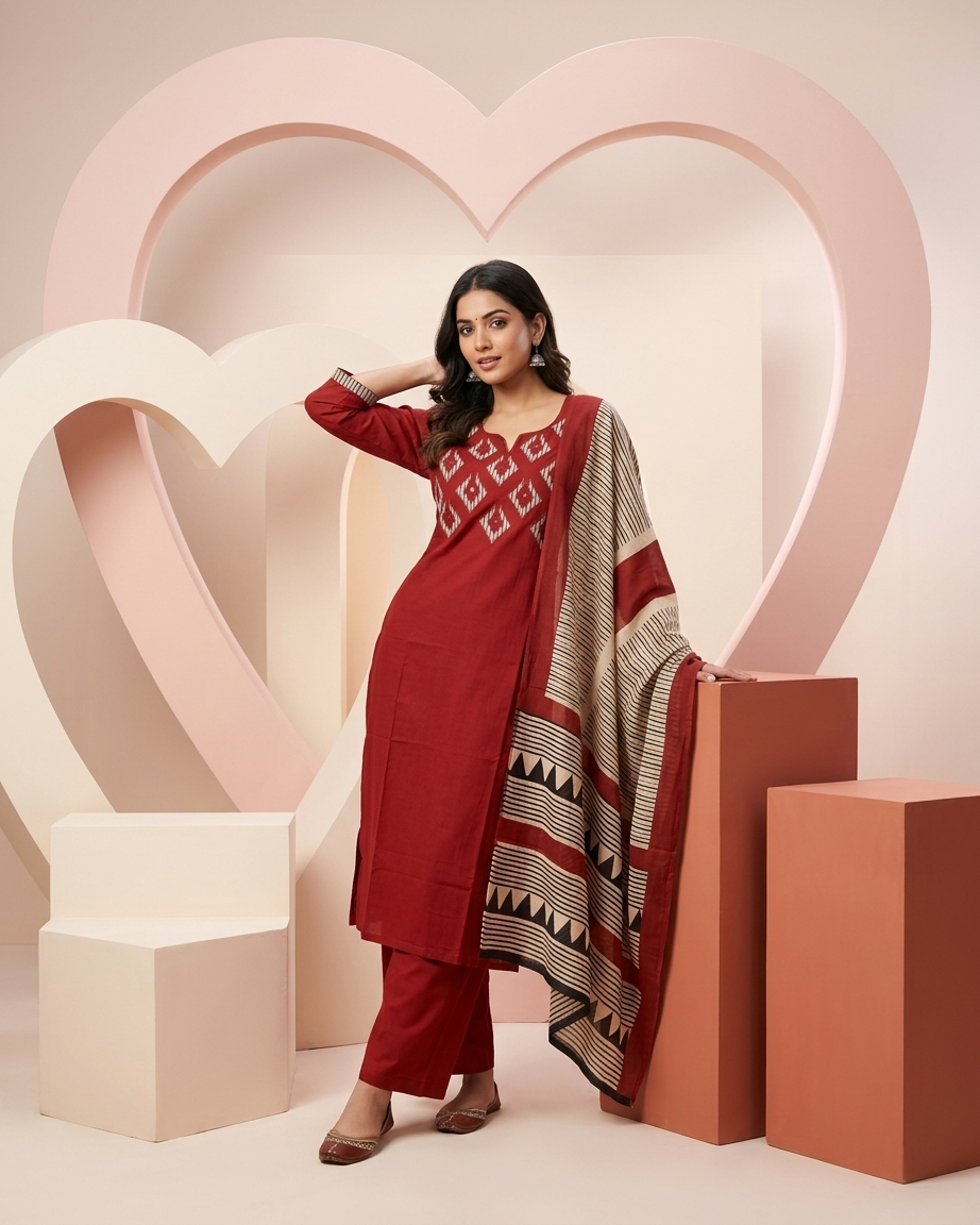 Rust Orange Cotton Geometric Suit Set | Tribal Print Dupatta | M'Foks