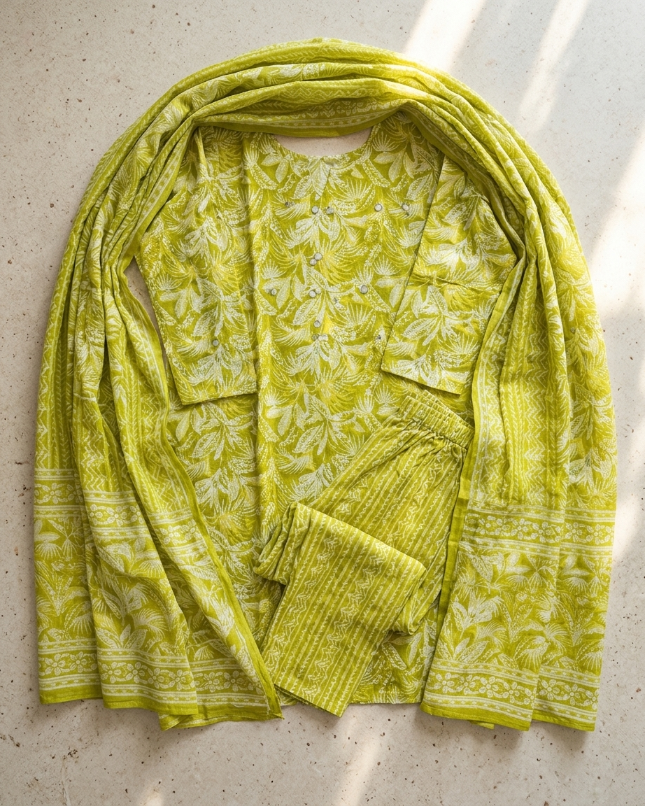 Lime Green Cotton Botanical Print Suit Set | Mirror Butti | M'Foks