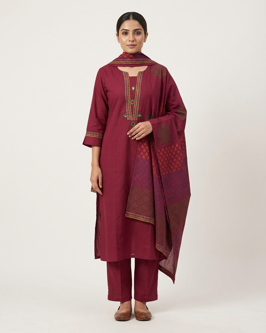Magenta Cotton Geometric Embroidery Suit Set | Waist Band | M'Foks