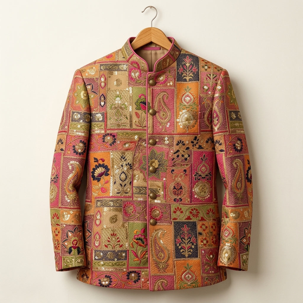 Faux Georgette Fabric — Heavy Thread, Zari & Sequin Work | Patchwork Design | Beige | 38 Inch