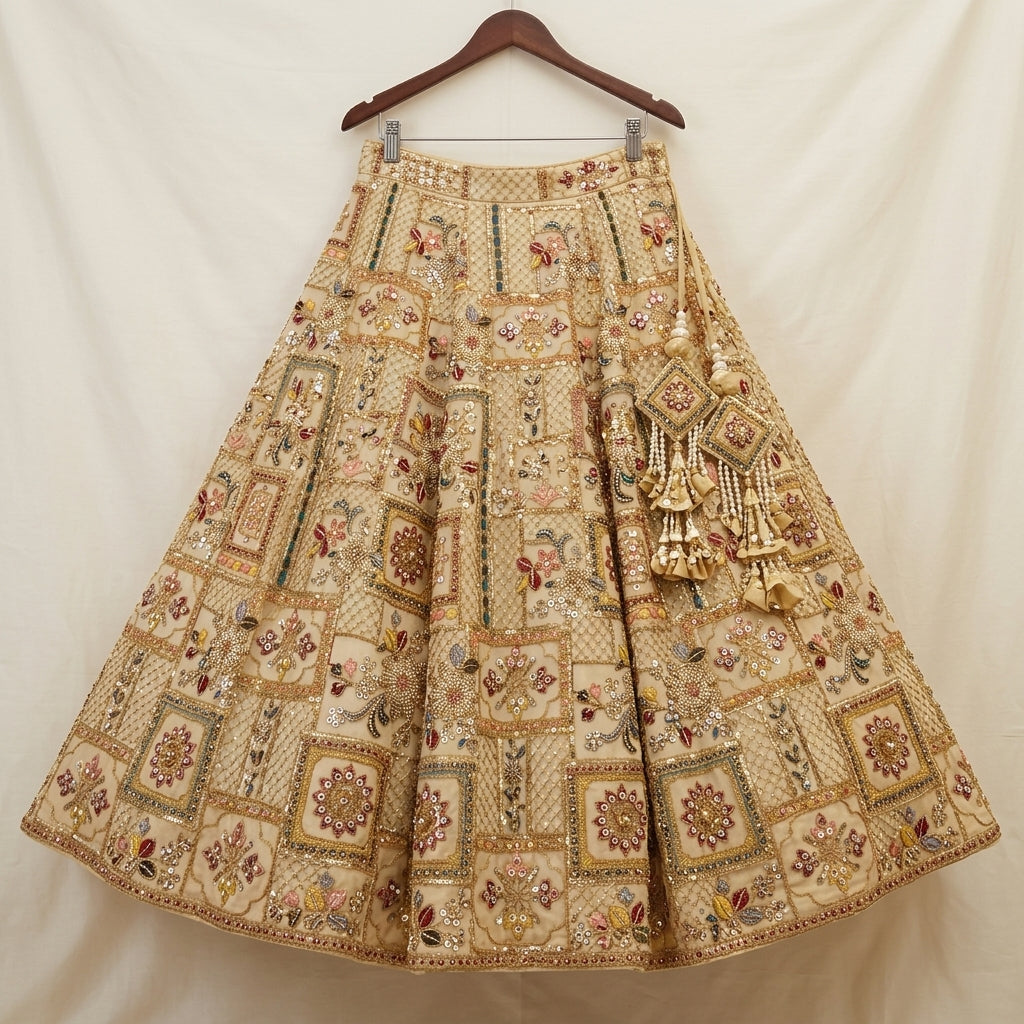 Net Fabric — Heavy Beads, Pearls, Sequin & Thread Work | Gold Zari Jaal | Beige | 38 Inch