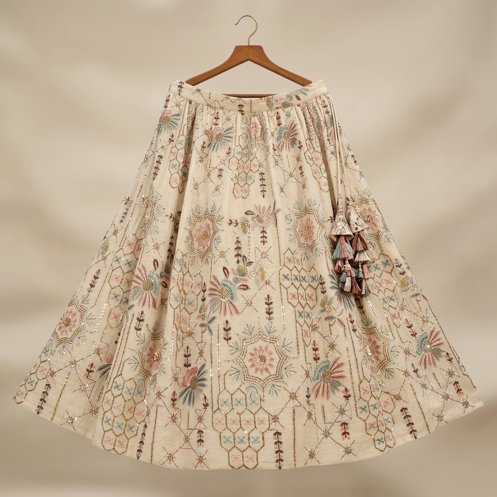 Pure Cotton Embroidery Fabric — Ivory | Thread & Sequin Work | M'Foks