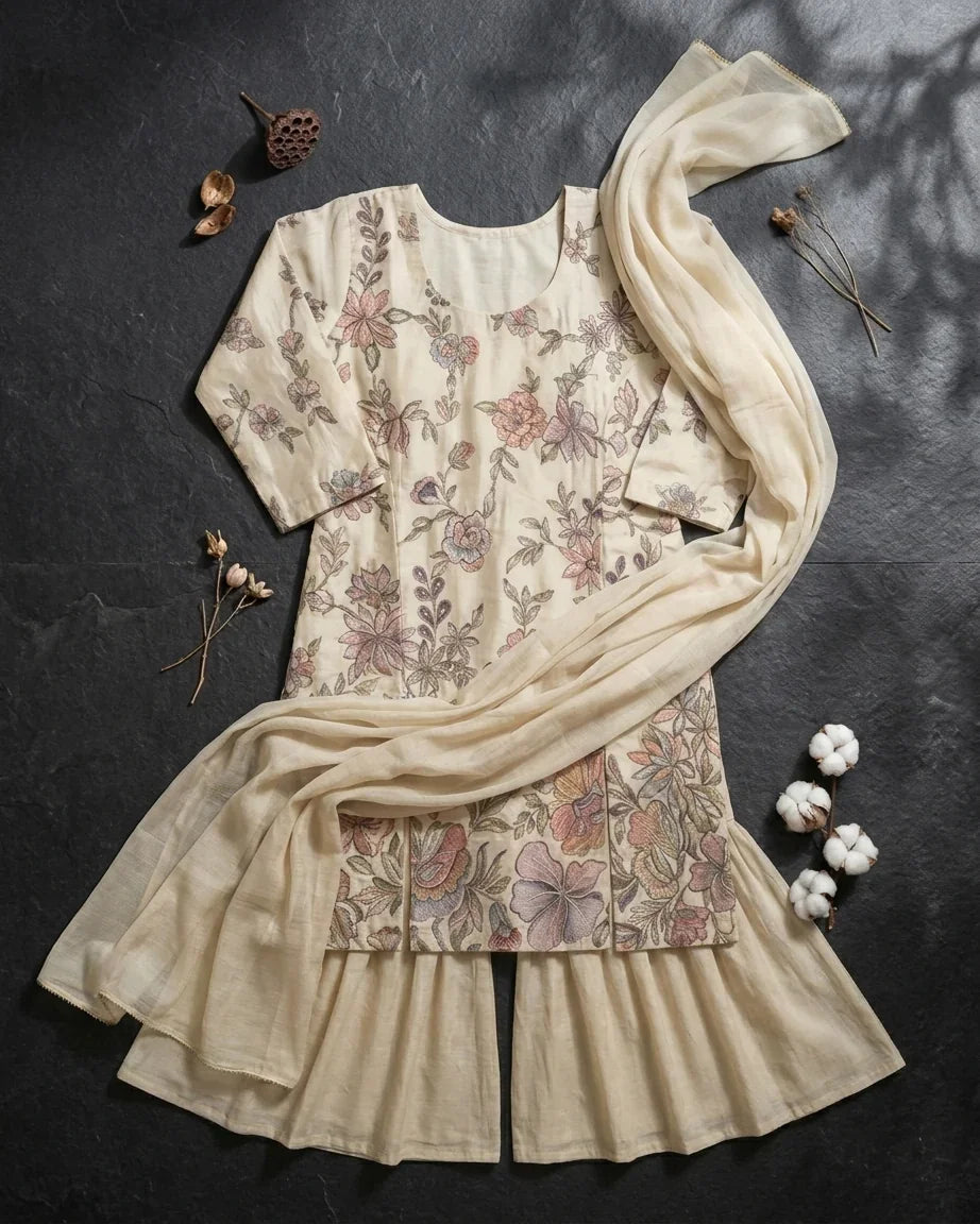 Natural Crepe Floral Print Kurta — Ivory | Chinon Palazzo & Chiffon Dupatta | 3-Piece Set
