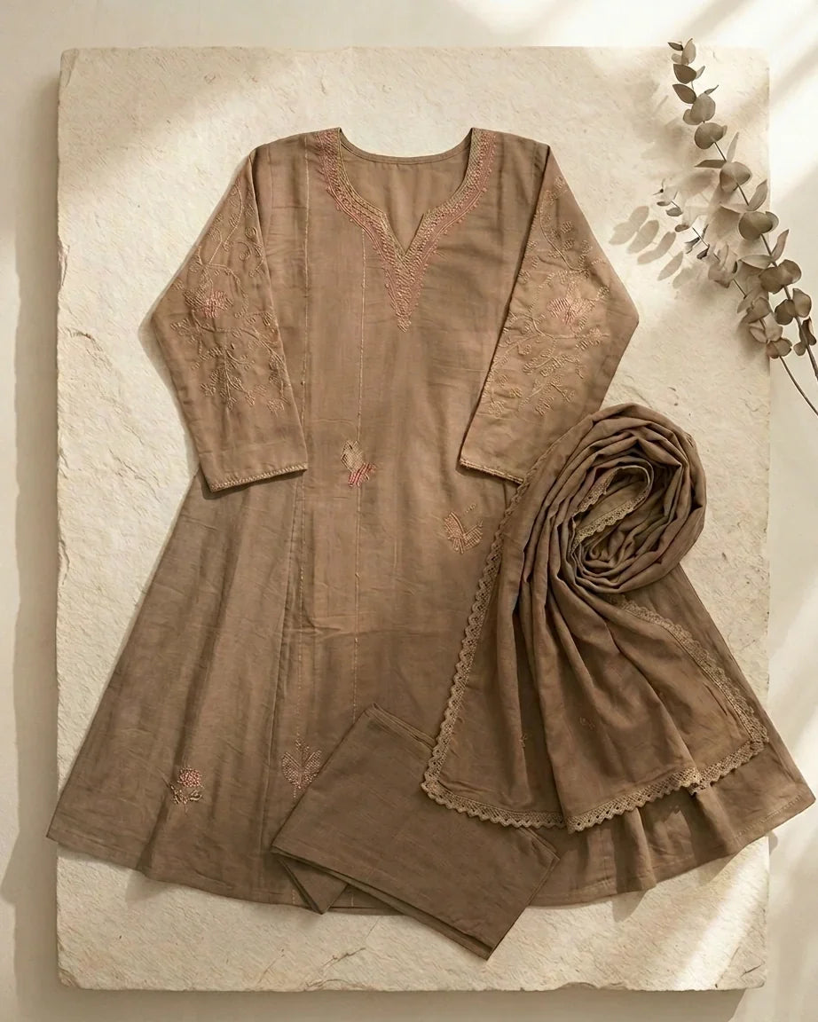 Mal Cotton A-Line Suit Set — Khaki | Floral Thread Yoke & Lace Trim
