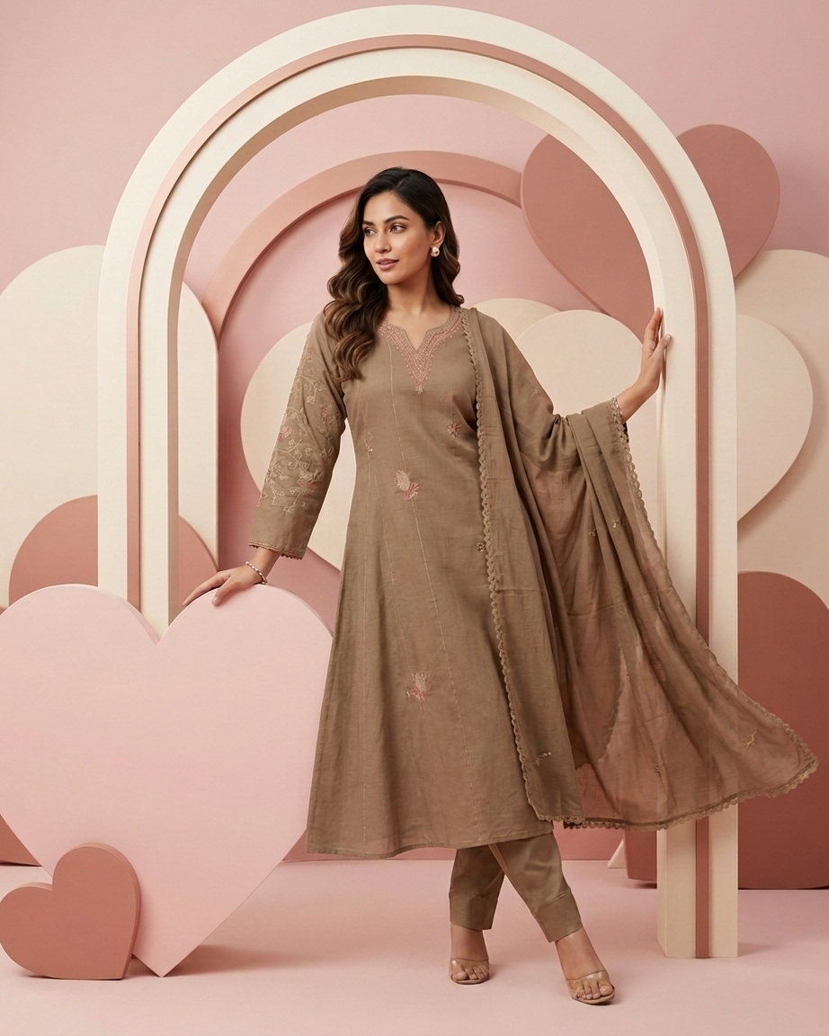 Mal Cotton A-Line Suit Set — Khaki | Floral Thread Yoke & Lace Trim