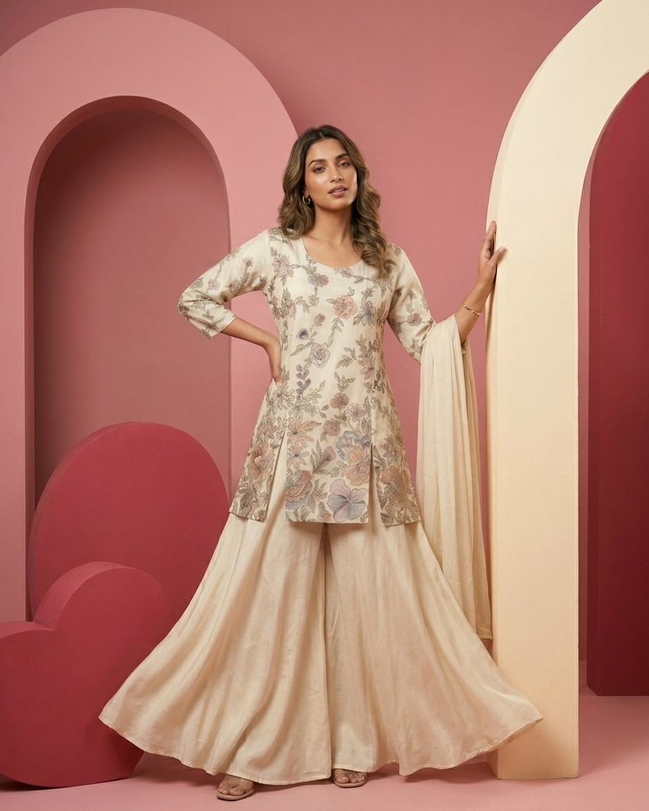 Natural Crepe Floral Print Kurta — Ivory | Chinon Palazzo & Chiffon Dupatta | 3-Piece Set
