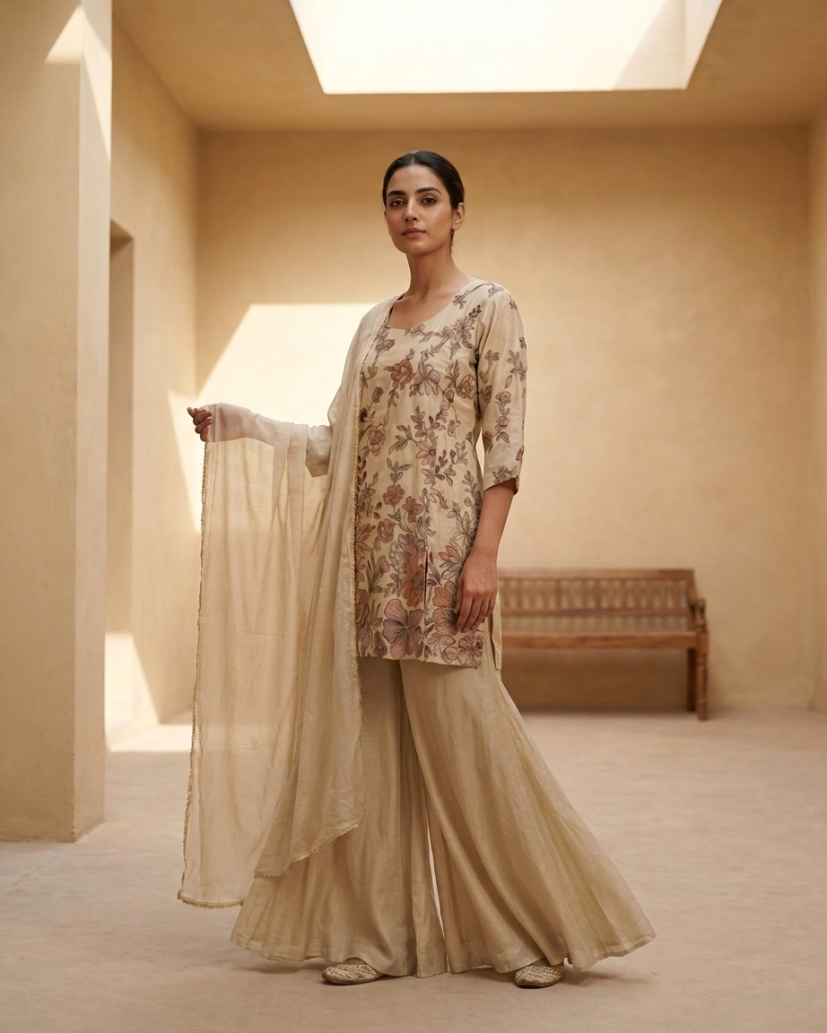 Natural Crepe Floral Print Kurta — Ivory | Chinon Palazzo & Chiffon Dupatta | 3-Piece Set