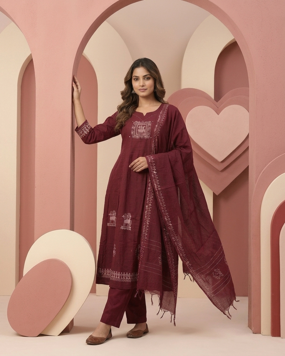 Pure Cotton A-Line Suit Set — Maroon | Warli Tribal Art Embroidery | Chanderi Dupatta | 3-Piece
