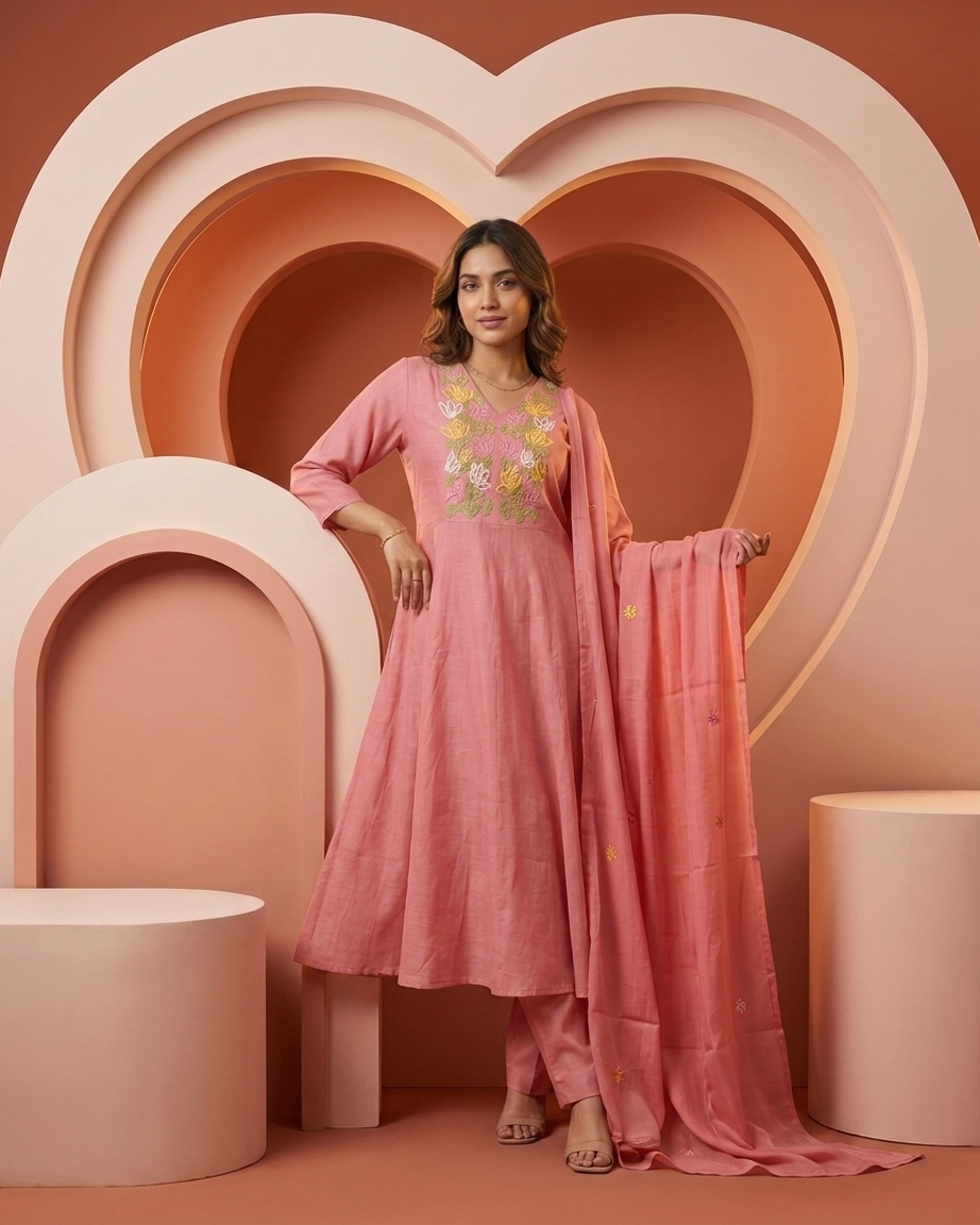 Mal Chanderi A-Line Suit Set — Rose Pink | Multicolour Floral Thread Yoke | 3-Piece