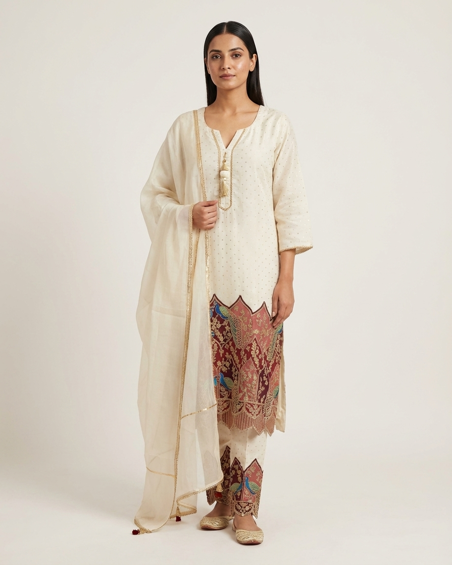 Dola Silk Straight Suit Set — Ivory | Peacock Patchwork Border | Viscose Organza Dupatta | 3-Piece