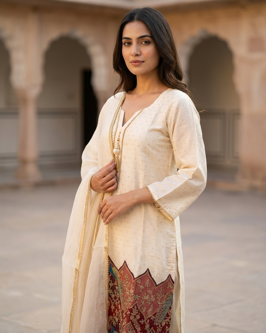 Dola Silk Straight Suit Set — Ivory | Peacock Patchwork Border | Viscose Organza Dupatta | 3-Piece